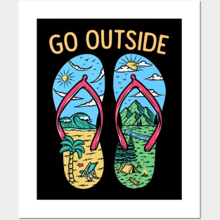 Funny Camping Graphic Go Outside Flip Flops Camper Posters and Art